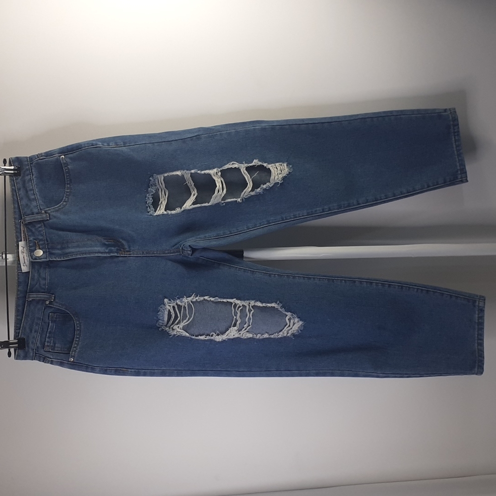 Denim Blvd Los Angeles Distressed Leg Cropped Blue Jeans Size L Waist 32